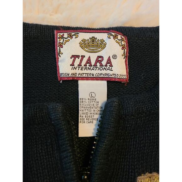 Tiara International Squirrel Cardigan Sweater womens LARGE VTG black floral zip - Picture 3 of 4